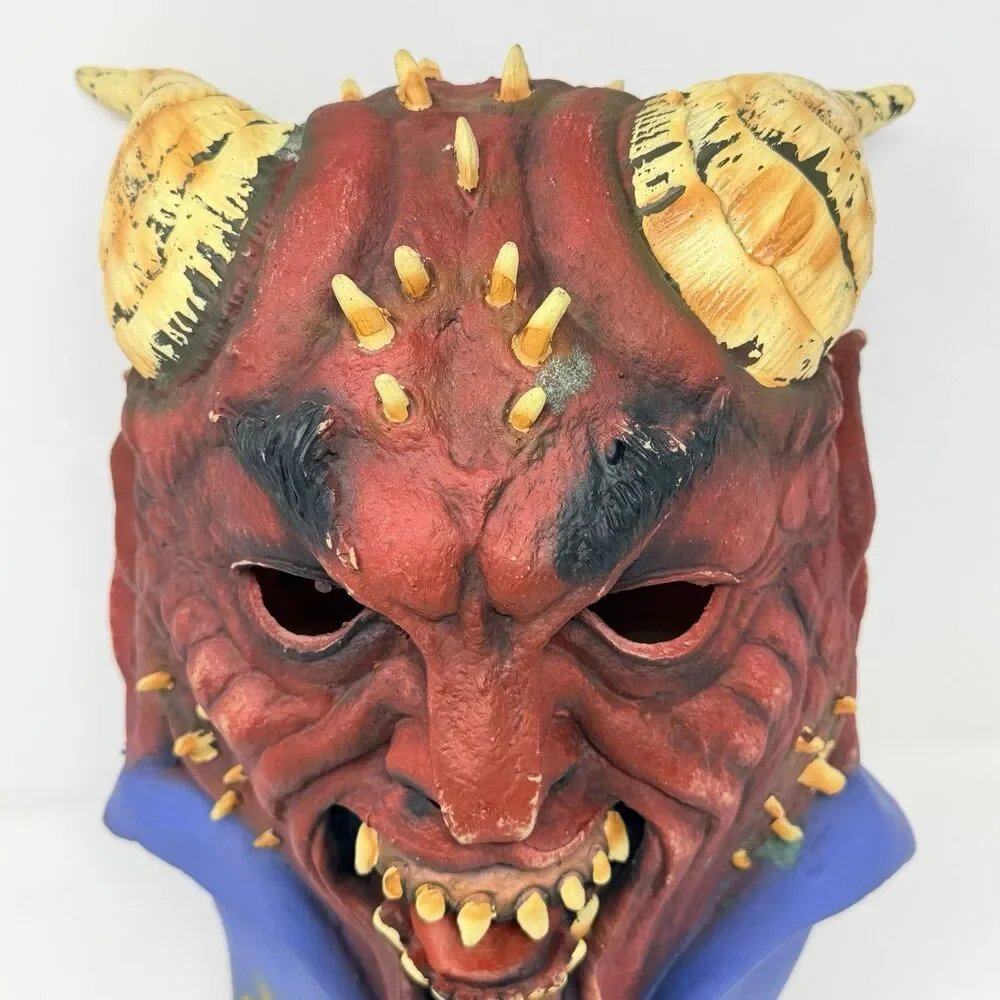 Red Devil Demon Horned Latex Mask Adult Halloween Horror Warlock Cosplay Costume